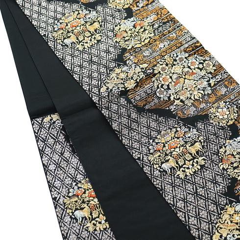 袋帯 リサイクル 帯丈436cm 六通 鴛鴦に鹿模様 ブラック Mサイズ 正絹 Sランク フォーマル