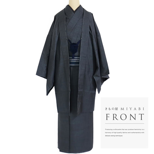 アンサンブル 男物 リサイクル 身丈148.2cm 裄76.4cm 羽織丈99cm 袷 大島紬 ゆったり ネイビー Mサイズ お洒落 カジュアル しつけ糸 正絹 棒衿 Sランク