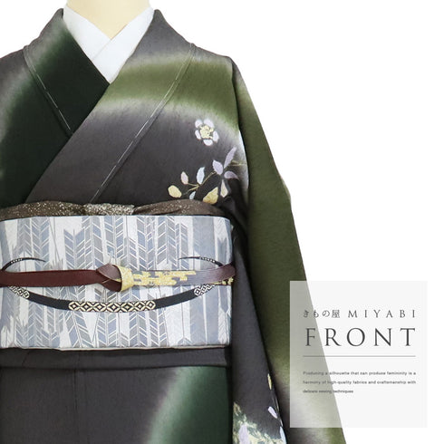 訪問着 リサイクル 身丈157.7cm 裄67.6cm 袷 ぼかしに花柄 金駒刺繍 絞り グリーン Mサイズ お洒落 正絹 広衿 Aランク