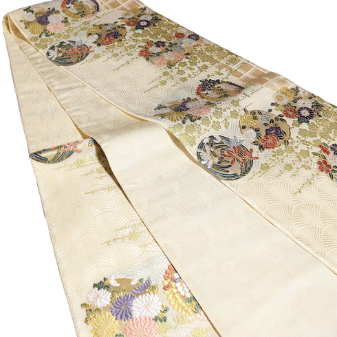 袋帯 リサイクル 帯丈436cm 六通 刺繍 花丸 ゴールド Mサイズ 正絹 新品・未使用品 フォーマル