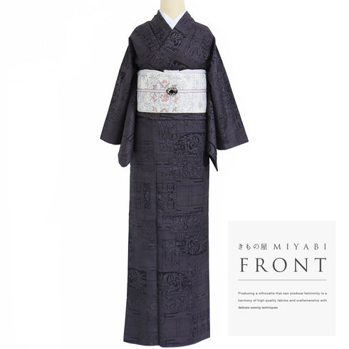 紬 リサイクル 身丈161.5cm 裄65cm 袷 草花柄 パープル Lサイズ お洒落 カジュアル 正絹 広衿 Aランク