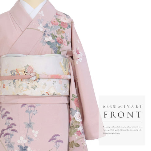 訪問着 リサイクル 身丈165.3cm 裄68cm 袷 菊や花各種柄 相良刺繍 ピンク Lサイズ フォーマル セミフォーマル 正絹 広衿 Aランク