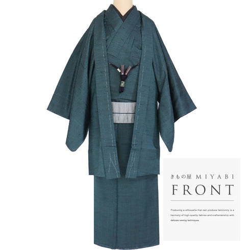 アンサンブル 男物 リサイクル 身丈137.1cm 裄68cm 羽織丈89cm 袷 紬 パールトーン加工 グリーン SSサイズ お洒落 カジュアル しつけ糸 正絹 棒衿 Sランク