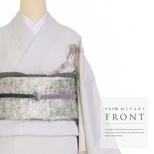訪問着 リサイクル 身丈170.5cm 裄68cm 袷 雪輪に花 汕頭刺繍 相良刺繍 グレー LLサイズ お洒落 正絹 広衿 Sランク