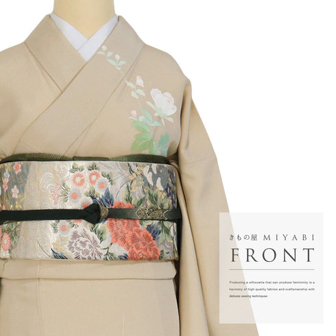 訪問着 リサイクル 身丈162.8cm 裄66.8cm 袷 箔加工 牡丹柄 ベージュ Lサイズ 正絹 広衿 Sランク