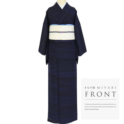 小紋 リサイクル 身丈161.5cm 裄65.6cm 袷 阿波藍天然染 ぼかし染め ネイビー Lサイズ お洒落 正絹 広衿 Sランク