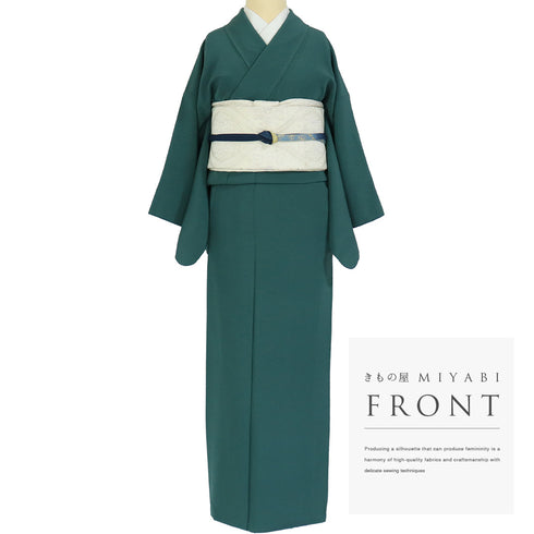 色無地 リサイクル 身丈153.5cm 裄63cm 袷 グリーン Sサイズ セミフォーマル 一つ紋 正絹 広衿 地紋なし Sランク