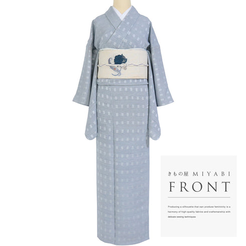 小紋 リサイクル 身丈166cm 裄66cm 単衣 阿波藍 地紋 ブルー LLサイズ お洒落 カジュアル 正絹 広衿 Sランク