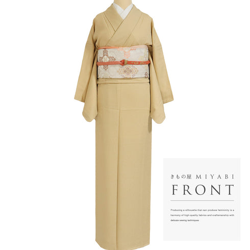 色無地 リサイクル 身丈164.2cm 裄64.6cm 袷 ベージュ Lサイズ お洒落 落款 しつけ糸 正絹 広衿 地紋あり Sランク