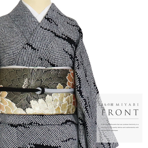 訪問着 リサイクル 身丈157.5cm 裄63cm 袷 ゆったりサイズ 絞り パールトーン加工済 ブラック Mサイズ お洒落 正絹 広衿 Sランク