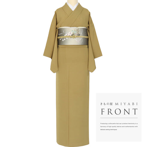 色無地 リサイクル 身丈154.4cm 裄62.2cm 袷 イエロー Sサイズ セミフォーマル お洒落 落款 一つ紋 正絹 広衿 地紋なし Sランク