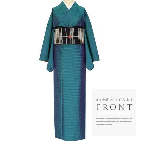 紬 リサイクル 身丈157.8cm 裄68.6cm 袷 縦枠地紋柄 グリーン Mサイズ お洒落 正絹 広衿 Sランク