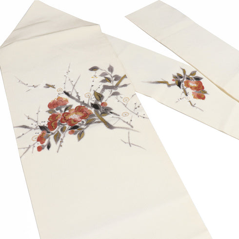 名古屋帯 リサイクル 帯丈358.5cm ポイント柄 梅柄 パールトーン加工 ベージュ Sサイズ 正絹 Sランク お洒落 落款