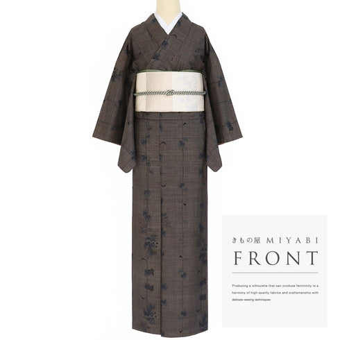 紬 リサイクル 身丈162.5cm 裄65.2cm 袷 蔦柄 ブラウン Lサイズ カジュアル お洒落 正絹 広衿 Aランク