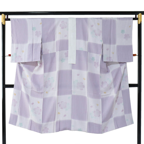 長襦袢 リサイクル 長襦袢 身丈127cm 裄65.2cm 袷 市松に桜柄 パープル Mサイズ お洒落 落款 正絹 Bランク