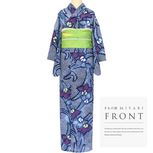 浴衣 リサイクル 夏着物 身丈158.5cm 裄63cm 夏物 絞り あやめ柄 ネイビー Mサイズ カジュアル 木綿 洗える着物 バチ衿 Aランク