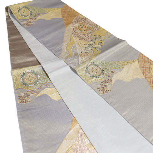 袋帯 リサイクル 帯丈432cm 六通 山重正倉文 華文や花唐草柄 グレー Sサイズ 正絹 Sランク フォーマル セミフォーマル