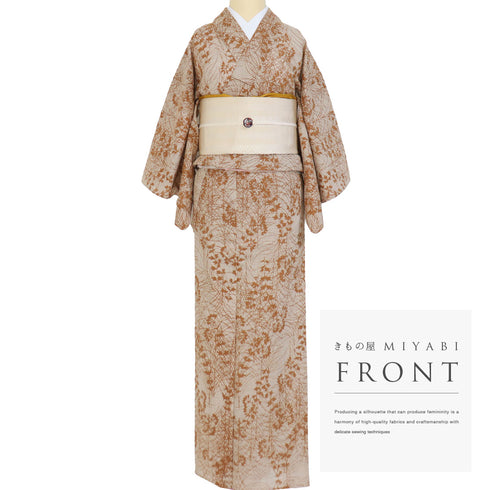 浴衣 リサイクル 夏着物 身丈148.8cm 裄61.2cm 夏物 草花柄 ブラウン SSサイズ カジュアル 木綿 洗える着物 バチ衿 Sランク