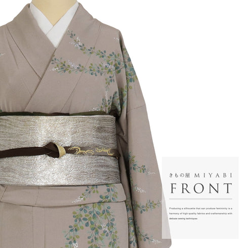 訪問着 リサイクル 身丈151.8cm 裄66cm 袷 スコッチガード 斜め格子垣根に花模様 ブラウン Sサイズ お洒落 落款 しつけ糸 正絹 広衿 Sランク