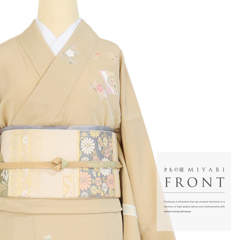 訪問着 リサイクル 身丈158cm 裄64.4cm 袷 菱柄 華紋柄 小花柄 金駒刺繍 ベージュ Mサイズ セミフォーマル 正絹 広衿 Sランク