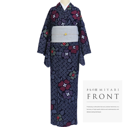 浴衣 リサイクル 夏着物 身丈149.5cm 裄64.4cm 夏物 絞り 花柄 ネイビー SSサイズ カジュアル しつけ糸 木綿 洗える着物 バチ衿 Sランク