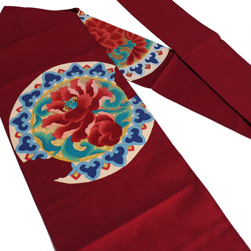 名古屋帯 リサイクル 帯丈334.8cm ポイント柄 牡丹柄 綴れ織り レッド SSサイズ 正絹 Aランク お洒落