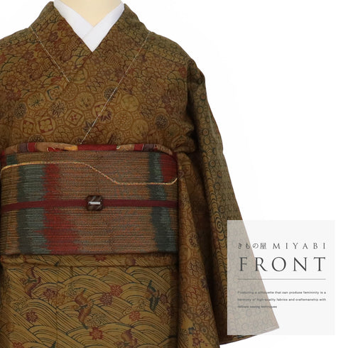 訪問着 リサイクル 身丈152.7cm 裄63.8cm 袷 型染め 青海波や草花柄 織り出し 大島紬 ブラウン Sサイズ お洒落 正絹 広衿 Sランク