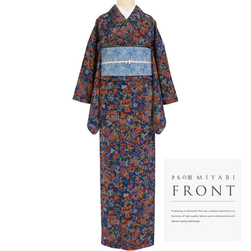 小紋 リサイクル 身丈162cm 裄64.3cm 袷 花唐草柄 鳳凰柄 ネイビー Lサイズ カジュアル お洒落 正絹 広衿 Sランク