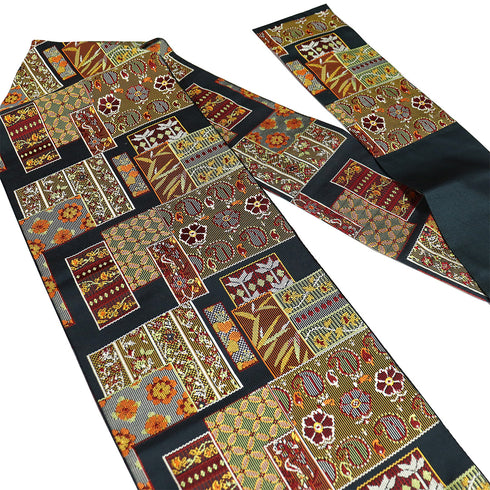 名古屋帯 リサイクル 帯丈354cm 六通 色紙柄 ブラック Sサイズ 正絹 Sランク お洒落 カジュアル