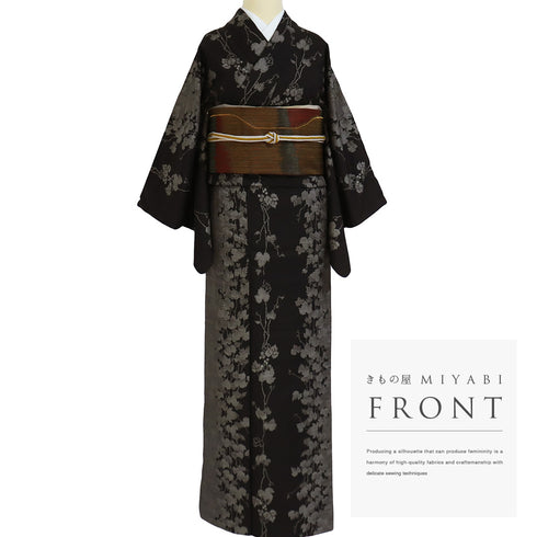 紬 リサイクル 身丈158.5cm 裄49.5cm 袷 葡萄蔦柄 ブラック Mサイズ お洒落 カジュアル 正絹 広衿 Sランク