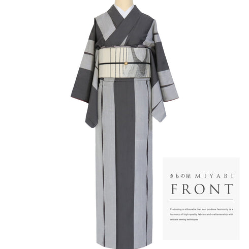 紬 リサイクル 身丈157.3cm 裄64cm 袷 伝統的工芸品 凛 染め分け柄 グレー Mサイズ お洒落 カジュアル 正絹 広衿 Aランク