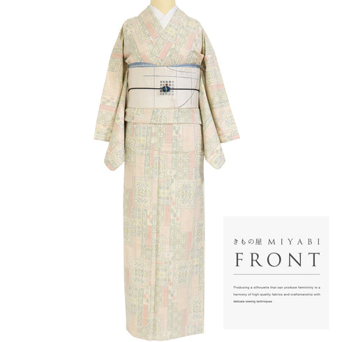 紬 リサイクル 身丈164.8cm 裄66cm 単衣 アイボリー Lサイズ お洒落 カジュアル しつけ糸 正絹 バチ衿 Sランク