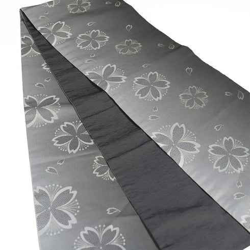 京袋帯 リサイクル 帯丈366cm 全通 桜にぼかし柄 グレー Mサイズ ポリエステル Sランク お洒落 カジュアル