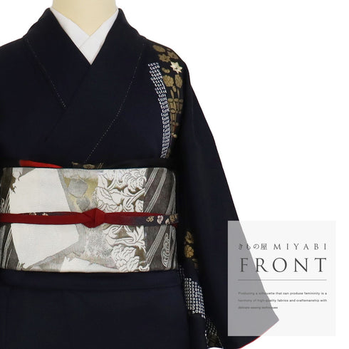 付下げ リサイクル 身丈159.2cm 裄63.2cm 袷 部分絞り 刺繍加工 箔加工 七宝柄 小花柄 ネイビー Mサイズ お洒落 正絹 広衿 Aランク