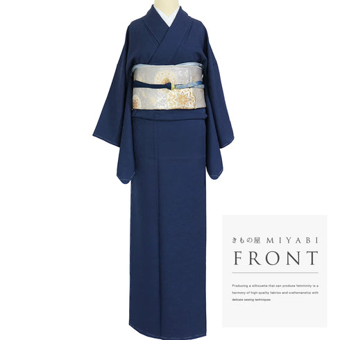 色無地 リサイクル 身丈165cm 裄64.4cm 袷 ネイビー Lサイズ セミフォーマル 一つ紋 しつけ糸 正絹 広衿 地紋あり Sランク