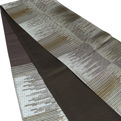 袋帯 リサイクル 帯丈456cm 六通 ボーダー柄 シルバー Lサイズ 正絹 Sランク お洒落