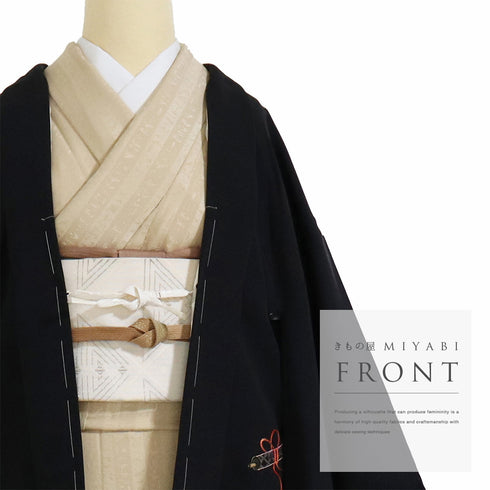 黒羽織 リサイクル 身丈80cm 裄65.4cm 袷 黒絵羽 巻物や組紐柄 刺繍 ブラック Mサイズ フォーマル 一つ紋 しつけ糸 正絹 Sランク