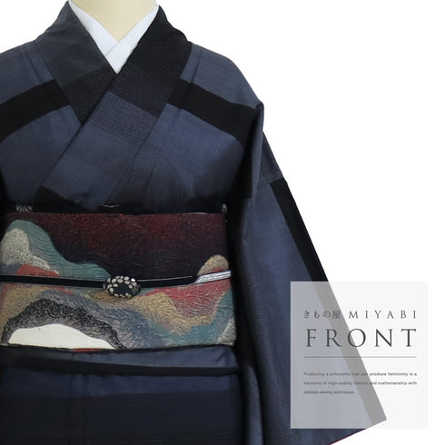 付下げ リサイクル 身丈155.5cm 裄63.2cm 袷 大島紬 ボーダー柄 絣柄 ネイビー サイズ お洒落 カジュアル 正絹 広衿 Aランク