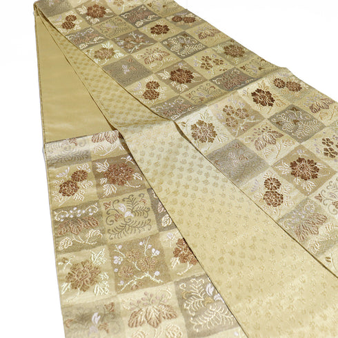 袋帯 リサイクル 帯丈446cm 六通 市松に花柄 ゴールド Mサイズ 正絹 新品・未使用品 フォーマル セミフォーマル