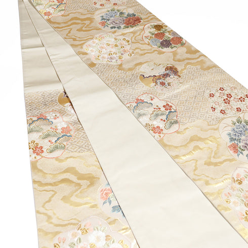 袋帯 リサイクル 帯丈440cm 六通 牡丹に菊や桜柄 刺繍 ゴールド Mサイズ 正絹 Sランク フォーマル セミフォーマル