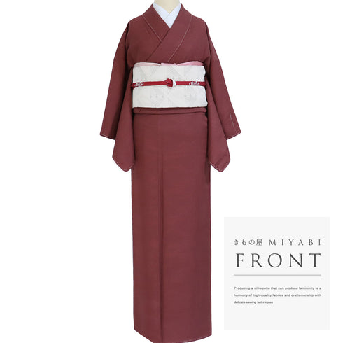 色無地 リサイクル 身丈159cm 裄62.8cm 袷 レッド Mサイズ セミフォーマル しつけ糸 正絹 広衿 地紋あり Sランク