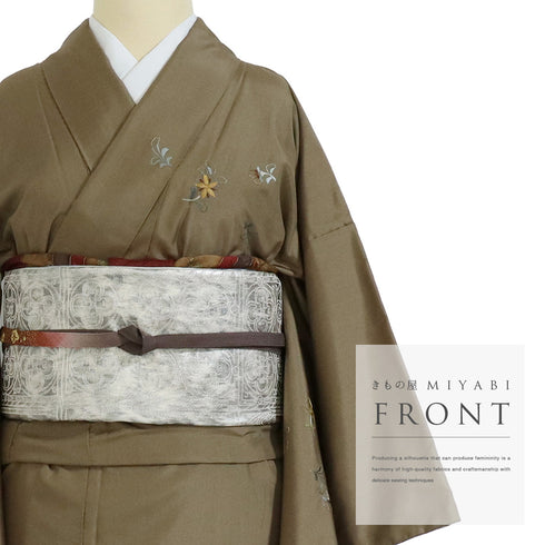訪問着 リサイクル 身丈159cm 裄65cm 袷 紬 刺繍 華文柄 ゆったり ブラウン Mサイズ お洒落 正絹 広衿 Sランク