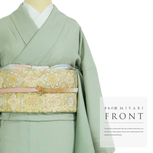 訪問着 リサイクル 身丈162.3cm 裄66cm 袷 汕頭刺繍風 グリーン Lサイズ お洒落 正絹 広衿 Sランク