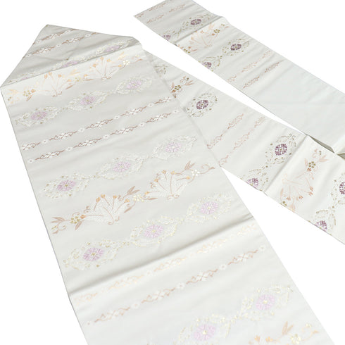 名古屋帯 リサイクル 帯丈365.5cm 六通 松葉柄 ホワイト Mサイズ 正絹 Sランク お洒落