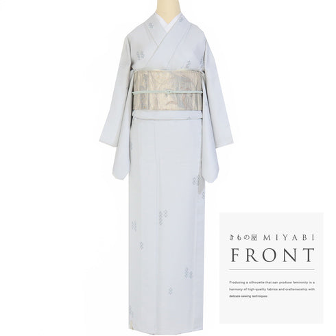 小紋 リサイクル 身丈154.3cm 裄65cm 単衣 デザイン柄 地紋 グレー Sサイズ お洒落 正絹 広衿 Aランク