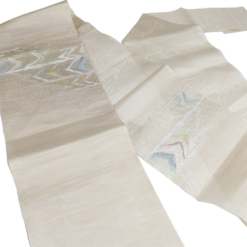 名古屋帯 リサイクル 帯丈363.4cm ポイント柄 夏用 幾何学模様 ベージュ Mサイズ 正絹 Sランク カジュアル