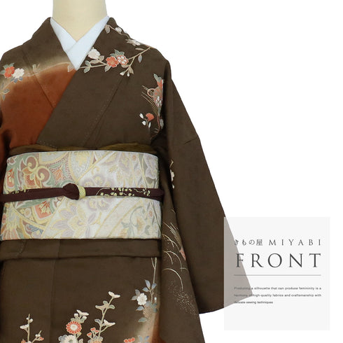 訪問着 リサイクル 身丈158.5cm 裄64.4cm 袷 花車や花籠柄 金駒刺繍 ブラウン Mサイズ セミフォーマル お洒落 正絹 広衿 Sランク
