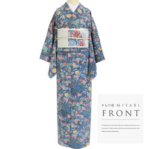 小紋 リサイクル 身丈155.8cm 裄62cm 袷 花や鳥柄 ブルー Mサイズ お洒落 正絹 広衿 Sランク