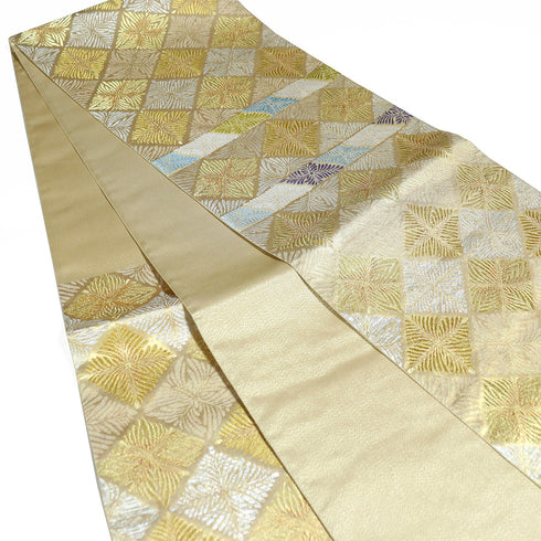 袋帯 リサイクル 帯丈450cm 六通 松葉柄 西陣織1011 ゴールド Lサイズ 正絹 Sランク フォーマル セミフォーマル