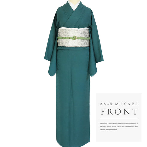 色無地 リサイクル 身丈159.2cm 裄64.8cm 袷 辻ヶ花模様 グリーン Mサイズ セミフォーマル 一つ紋 正絹 広衿 地紋あり Sランク